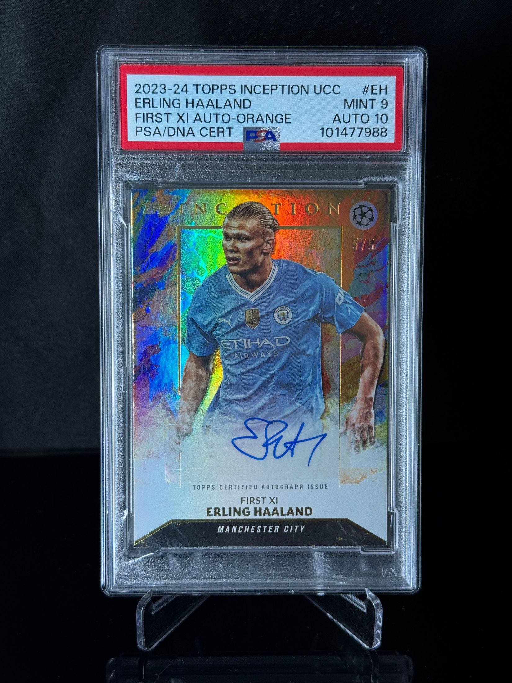 2023-24 Topps Inception UEFA Club Competitions Erling Haaland First XI Auto Orange front