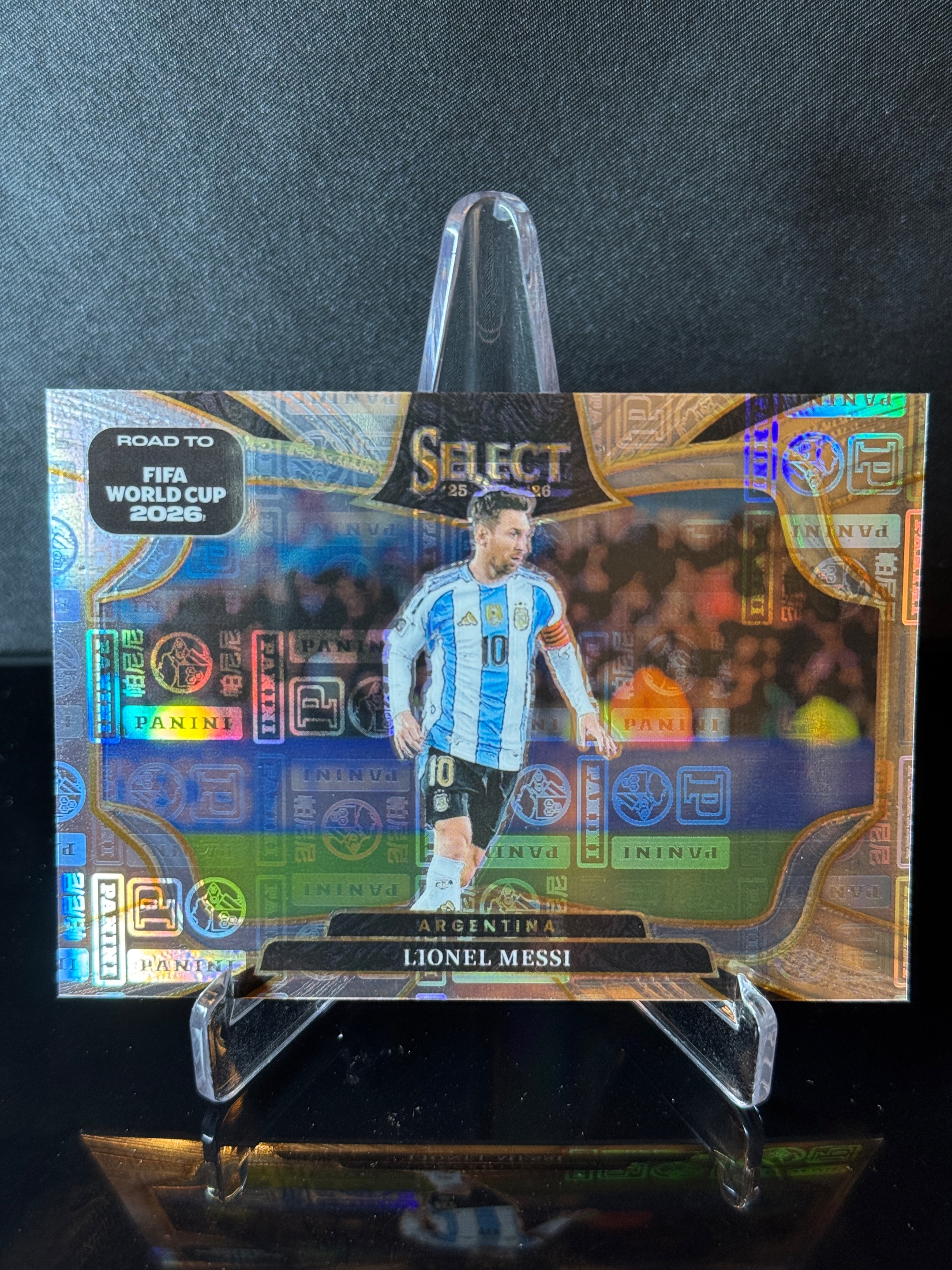 2025-26 Panini Select Road to FIFA World Cup 2026 Lionel Messi Field Level Panini Logo Prizm front