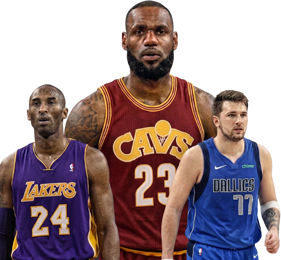 LeBron James, Kobe Bryant and Luka Doncic in front of the G.O.A.T. Vault emblem